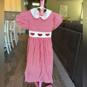 Vintage Red Gingham Watermelon Smocked Dress with White Peter Pan Collar